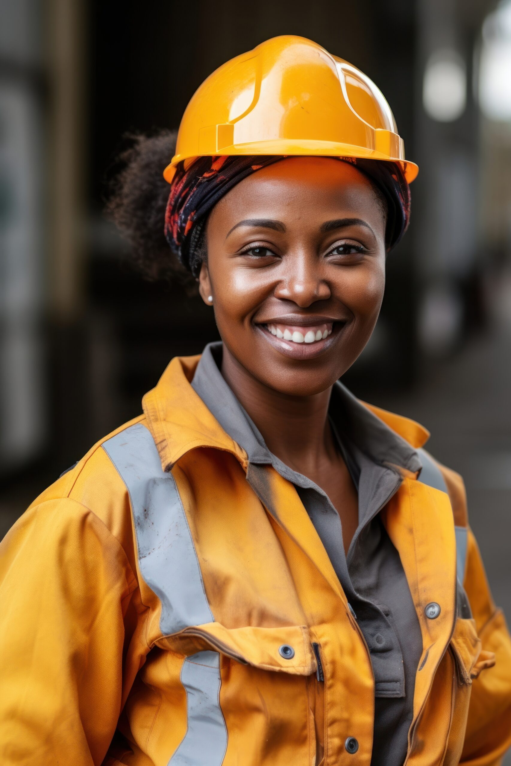 Dark skinned female construction worker portrait hardhat helmet.