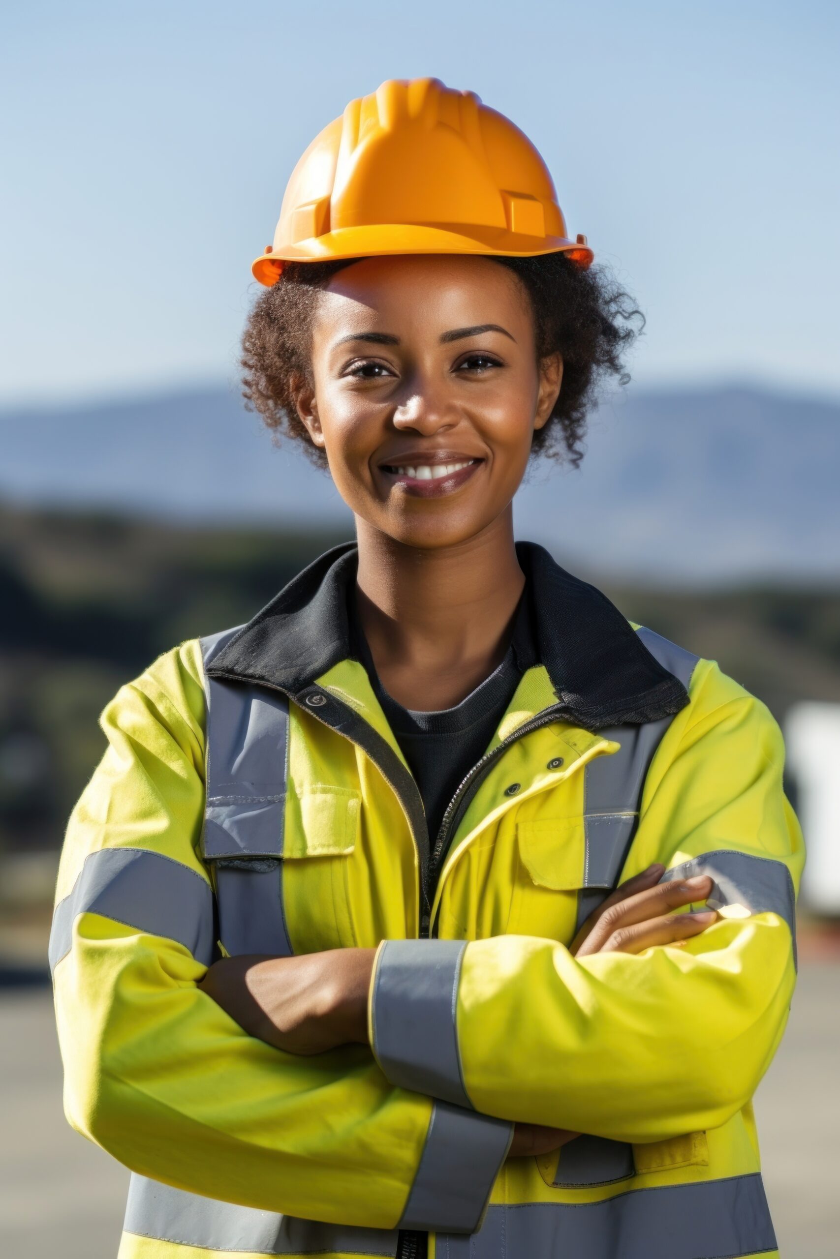 Dark skinned female construction worker portrait uniform hardhat.