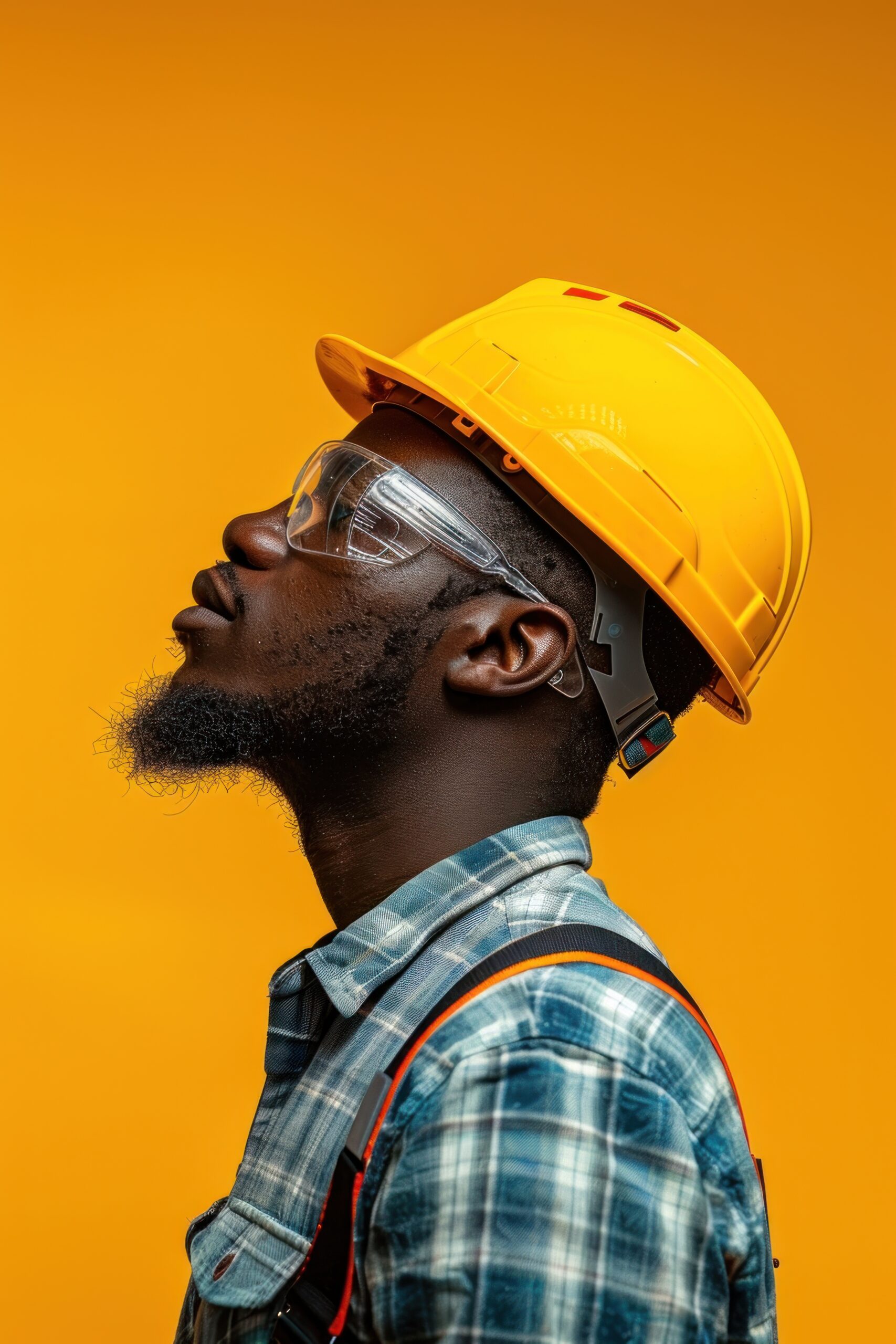African construction worker side portrait clothing apparel hardhat.