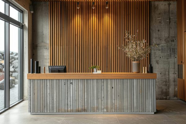 A front desk in the lobby architecture electronics chandelier.